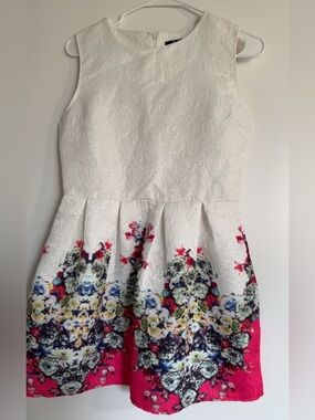 AZbro White Floral Fit-and-Flare mini Dress with Pink Border
